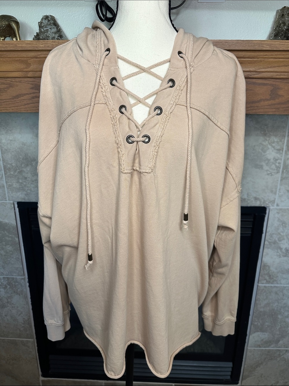 Aerie M 100% Cotton Lace Up Oversized Hoodie Beige Raw Edge